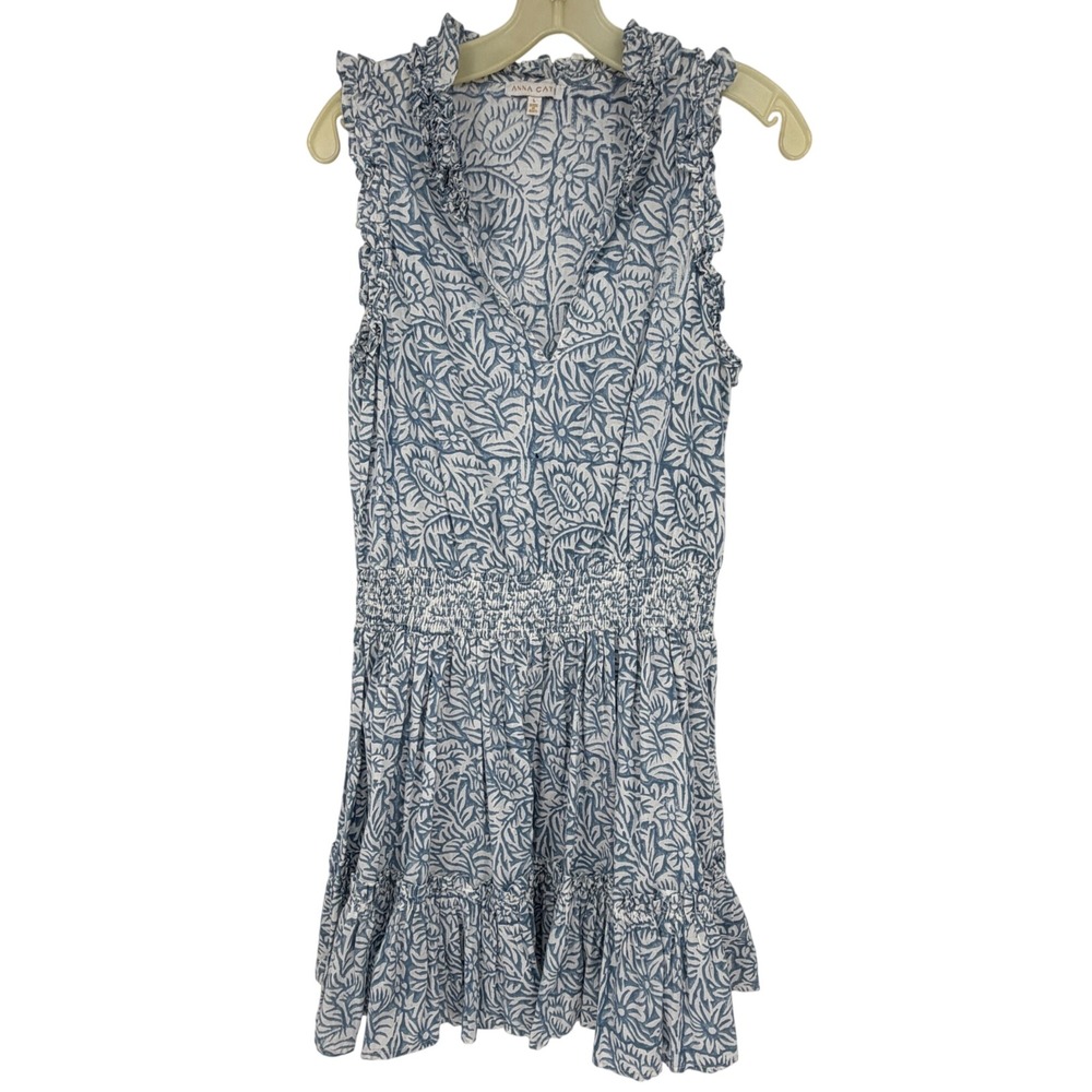 Anna Cate Blue White Floral Block Print Smocked Ruffle Cotton Mini Dress Large
